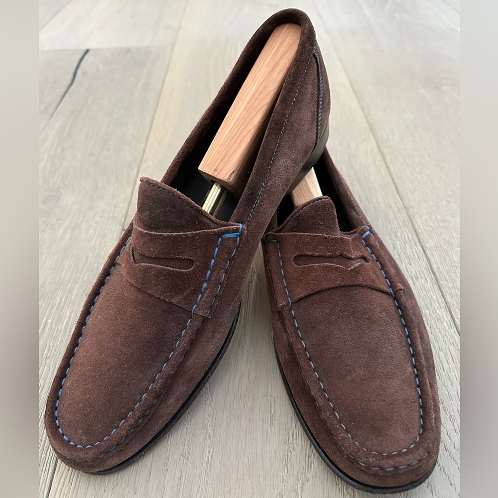 Donald J Pliner driving loafer. Chocolate brown with blue stitching. Size 10.